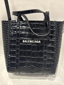 BALENCIAGA Black Crocodile Embossed Leather XXS Shopping Tote Bag - Picture 1 of 11