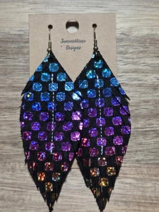 Handmade GENUINE Leather Feather Earrings Rainbow Metallic Check 3" - Picture 1 of 1