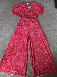 Next £52 Pink Red Morris & Co Jumpsuit Womens Size 14 Wide Leg Plisse All In One - Picture 1 of 5