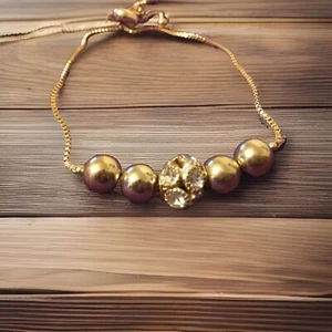 Women's Gold Cubic Zirconia Ball Beaded Lariat Bracelet - Picture 1 of 9