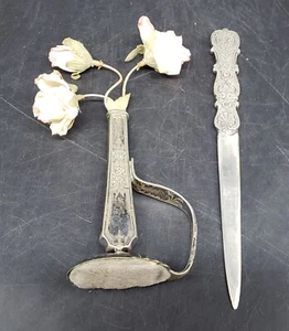 Antique Used Silverplate Letter Opener & Ink Blotter w/ Flowers - Picture 1 of 5