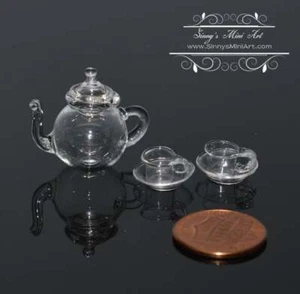 1:12 Miniature Glass Teapot with Lid and Two Cups with Two Saucers BD HB160 - Picture 1 of 2