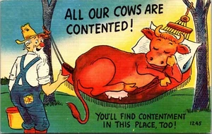 Alle unsere Kühe sind zufrieden! Comic Humor Leinen Postkarte - Bild 1 von 2