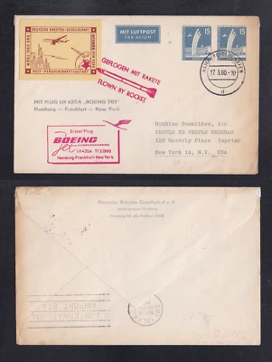 GERMANY BERLIN 17-2-1960 ROCKET MAIL 1st FLIGHT BOEING HAMBURG-NEW YORK with LAB - Image 1 of 3