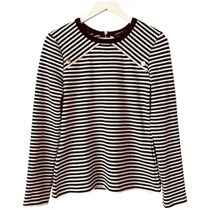 Karen Millen Top Womens 12 Black White Stripe Stretch Waffle Long Sleeve - Picture 1 of 18