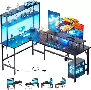 Gaming table with LED, 150 x 100 cm gaming desk L shape with 3 sockets u - Picture 1 of 7