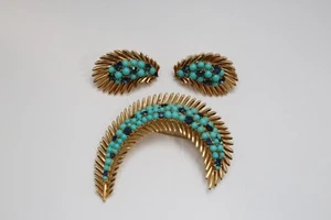 Juego de broches y pendientes Alfred Philippe Trifari imitación turquesa hoja zafiro - Imagen 1 de 5