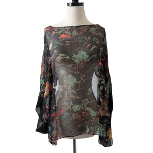 Harari 100% Silk Asian Print Open Drape Top One Size OS Japanese Boho Exotic - Picture 1 of 13