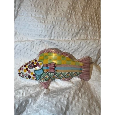 MacKenzie-Childs Ceramic Fish Knob 5in Colorful Checker Pink Pull Handle - Image 1 of 4
