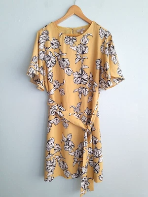 H&M Dress Womens size 14 Yellow Black White Floral Flared Sleeves Belt Lined - image 1 of 4