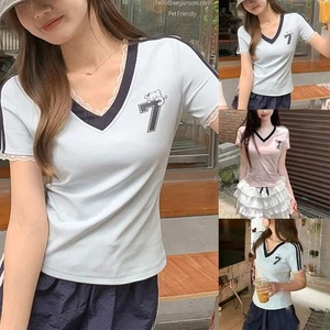 Womens T shirt with Lace Patchwork and V Neck Short Sleeves in Pink Blue - Picture 1 of 20