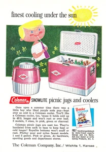 1960 Coleman Snowlite Picnic Jugs and Coolers: Finest Cooling Vintage Print Ad - Picture 1 of 1