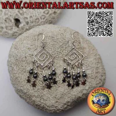 Orecchini Argento 925‰ spirale romboidale con palline di argento e di ematite e  - Immagine 1 di 4