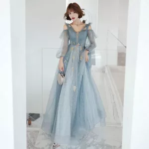 Women's Shiny Mesh Dress V-neck Belted Evening Party Prom Ball Gown Fairy - Picture 1 of 12