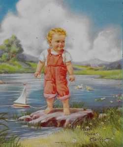 Mabel Rollins Harris, Child, Sailboat, Duck, 10"x8" Sample Print 1940s - Picture 1 of 4