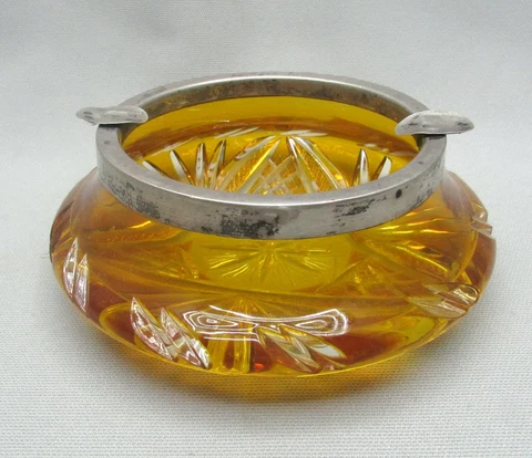 Antique Hungarian Art Deco Ashtray Cigarettes Silver Crystal Hand Polished Cover