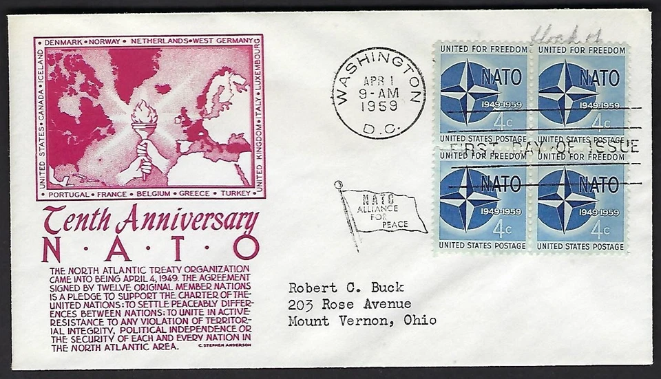 1127 C. Stephen Anderson FDC - Red Cachet - 10th Anniversary of NATO, 1949-1959 - Image 1 of 1