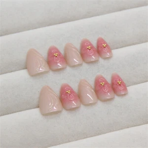 Short Almond Press-On Fake Nail Sweet Blush Flower Glossy French Manicure 24pcs - Picture 1 of 7