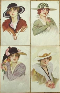 Art Deco 1923 Italian Postcard Set of Four, Fashion Woman with Hat Artist Signed - Picture 1 of 1