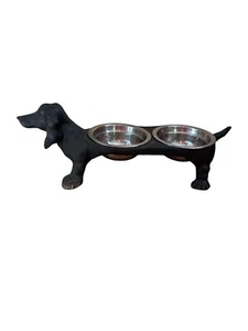 Vtg Cast Iron Dachshund Weiner Dog Food Water Bowl Holder Stainless Bowls - Picture 1 of 10