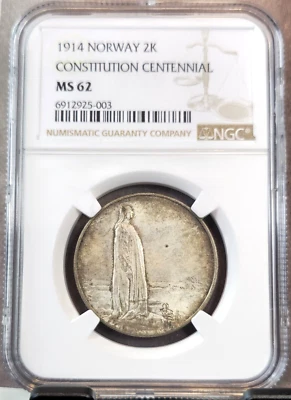 1914 NORWAY SILVER 2 KRONER CONSTITUTION CENTENNIAL NGC MS 62 SCARCE BEAUTIFUL - Image 1 of 3