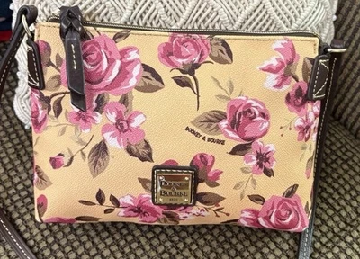 Dooney Bourke Cabbage Rose Floral Crossbody Bag Cottage Flower Pink Yellow Brown - Image 1 of 4