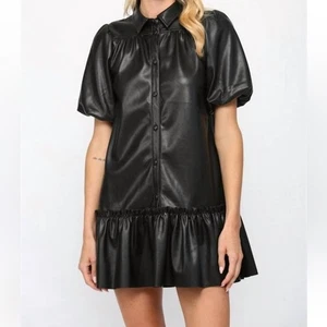 Fate veganes feminines schwarzes Lederkleid mit Rüschensaum S - Bild 1 von 5