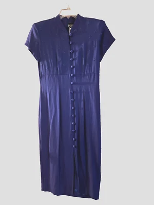 Vtg 1980s Dawn Joy 5/6 Purple Midi Dress Mandarin Collar Retro 1940s - Image 1 of 4