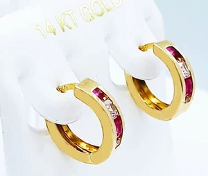 LAB CREATED RUBY & WHITE SAPPHIRE HUGGIE EARRINGS 14K GOLD - Made in USA - NWT - Picture 1 of 8