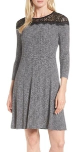 Michael Kors Mini Houndstooth Black White Lace 3/4 Slv Knee Length Dress Size 2X - Picture 1 of 11