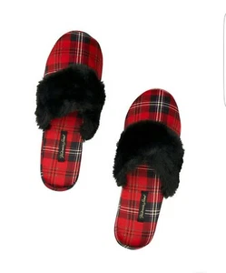 NWT VICTORIA'S SECRET Signature Satin Slipper W/ Bag Size L Red Black Plaid - Picture 1 of 2