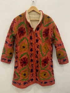 Quilted Long Fur Suzani Jacket |Kashmiri Embroidered Suzani Coat | Suzani Jacket - Picture 1 of 7
