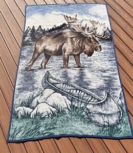 Biederlack Blanket Moose Canoe Blue Brown Made in USA 75 x 48