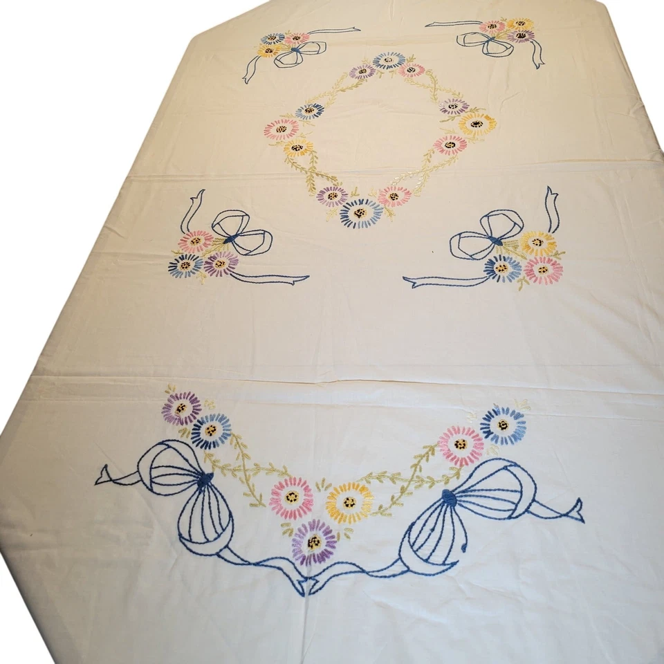 Vintage Handmade Bedspread Embroidered Flowers 72x80 Fringe Edges Floral Retro - Image 1 of 4