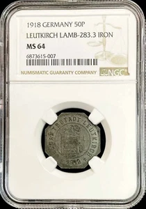 1918 GERMANY WURTTEMBERG LEUTKIRCH 50 PFENNIG IRON NOTGELD NGC MINT STATE 64 - Picture 1 of 2