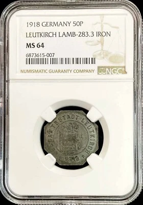 1918 GERMANY WURTTEMBERG LEUTKIRCH 50 PFENNIG IRON NOTGELD NGC MINT STATE 64 - Image 1 of 2