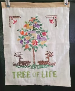 Vtg Tree Of Life Cross-Stitch Folk Art Wall Hanging With Stags Finished 12"x16" - Picture 1 of 7