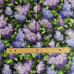 Vintage Lilac Floral Polished Cotton Fabric Black 27x44 plus tail - Picture 1 of 6