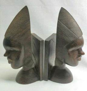 Vintage Hand Carved Sculptured Ironwood Tribal Bust Bookends 9" - Picture 1 of 10