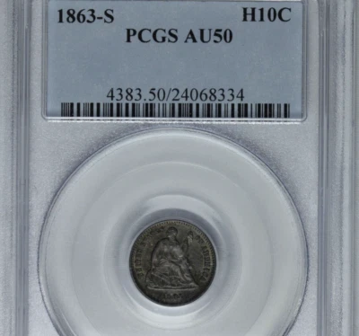 1863-S 5c PCGS AU50 Liberty Seated HALF Dime OBH old blue holder Civil War - Image 1 of 4