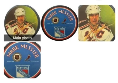 MARK MESSIER HOF STAMPED ON SIG! STICKER LOGO! NEW YORK RANGERS VICEROY PUCK  - Image 1 of 4