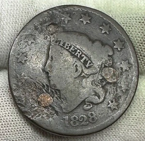 1827 1828 CORONET HEAD LARGE CENT USA COPPER tw0-sided plugged holes coin box ? - Picture 1 of 3