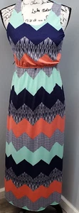 Three Pink Hearts Long Maxi Dress Girls Size 16 Multi Chevron Print Cinch Waist - Picture 1 of 7