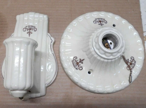 Vintage porcelain ceiling light fixture w/ matching wall sconce  (W3) Cover