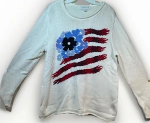 Vintage Coldwater Creek Damen Gr. XL patriotischer Boho Blumen Flagge Pullover USA Juli 4th - Bild 1 von 7