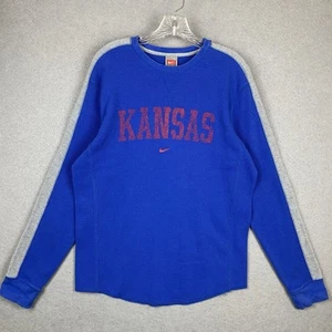 Vintage Nike Team KU Kansas Jayhawks Thermal Shirt Blue Center Swoosh Mens L - Picture 1 of 12