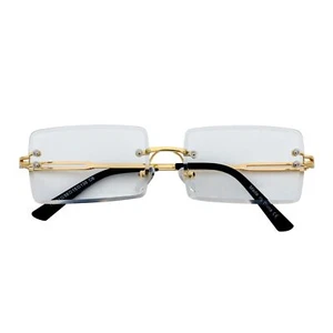 PREMIERE - Luxury 90s Small Metal Rimless Rectangle Glasses Gold Clear Lens - Picture 1 of 10