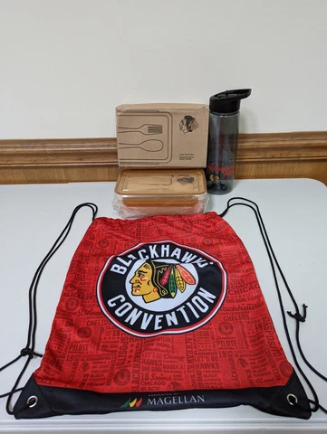 Lots of Chicago Blackhawks Souvenirs - Backpack, Water Bottle, and Lunch Kit Cover