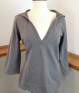 EDDIE BAUER V-Neck Gray 3/4 Sleeve Fleece Hooded Sweatshirt Hoodie Women's L - Picture 1 of 8