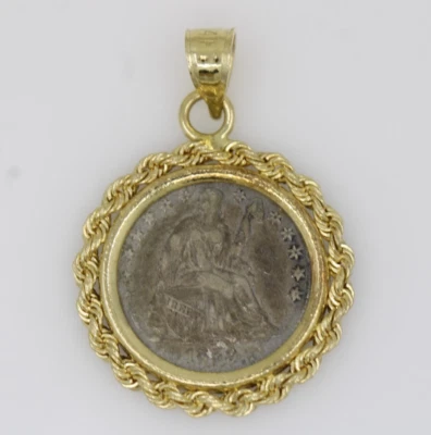 Moneda de media moneda de diez centavos de plata libertad sentada de 1859 en colgante con bisel de oro amarillo de 14 K Foto 1 de 4